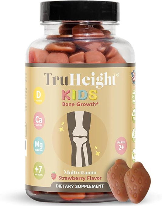 TruHeight Kids Bone Growth Gummies (Strawberry, Ages 2+) All Natural Kids & Toddler Vitamins - Vitamin D, Calcium, K2, Magnesium Multivitamin - Natural Growth & Development, Builds Strong Bones, Vegan