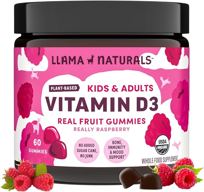 Llama Naturals Vitamin D3, Vegan, Organic Immune Support Supplement, Vitamin D Gummies for Adults and Kids, Real Fruit Gummy Vitamins, Promotes Bone Health, No Added Sugar Cane, Raspberry, 60 Ct