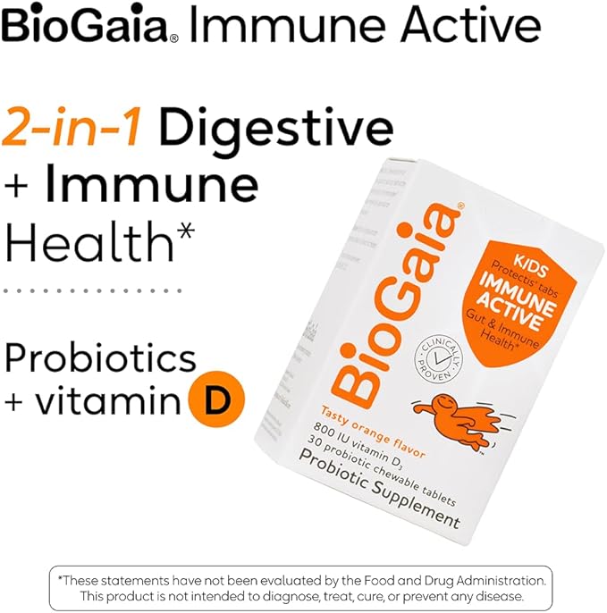 BioGaia Immune Active Kids | Probiotic + Vitamin D | for Digestive & Immune Health | Ages 3+ | Allergen, Dairy, Soy & Gluten Free | Trusted by Pediatricians | 30 Day Supply | Orange Flavored Chewable
