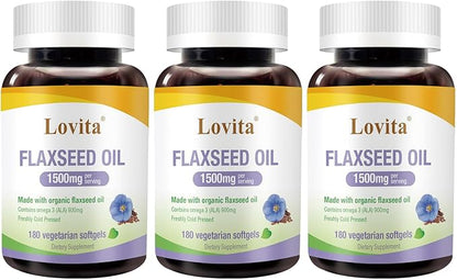 Lovita Vegan Omega-3 Cold-Pressed Flaxseed Oil: 1500mg, 900mg ALA, 180 Softgels (Pack of 3)