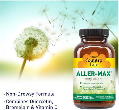 Country Life Aller-Max - Quercetin Supplements with Bromelain - Immune Support with Vitamin C, Zinc, and Botanical Blend - Certified Gluten-Free, Vegan (100 Count (Pack of 1))