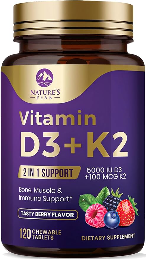 Vitamin D3 5000 iu Plus K2 (MK-7) 100 mcg - 2 in 1 Vitamins D & K Complex - Supports Calcium Absorption, Bone, Immune, & Heart Health – Made in the USA, Non-GMO, Easy to Swallow, 120 Chewable Tablets