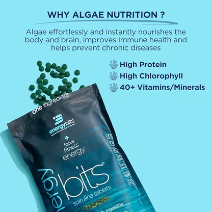 ENERGYBITS - Organic Spirulina Tablets - Plant-Based Algae Superfood - for Focus, Fitness, Energy - Plant Protein - Gluten Free - Collagen, Vitamin B12, Omega 3 - Keto & Vegan - 1000 Algae Tablets