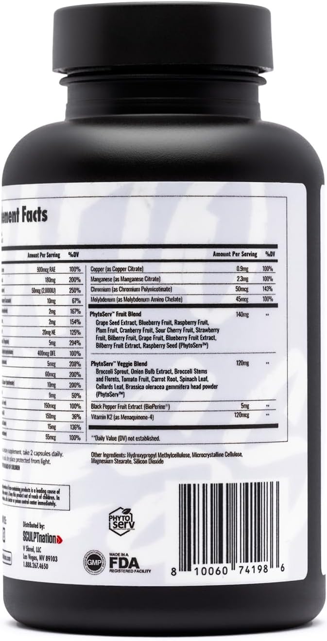 Sculpt Nation by V Shred Multivitamin - Daily Multivitamin for Women and Men with Zinc, Vitamin C, and Copper, Nutritional Support with One Serving of Fruit and Veggies - 60 Capsules