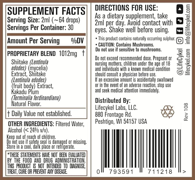 Lifecykel - Shiitake Mushroom Extract with Kakadu Plum - Advance Organic Mushroom Supplement for Hair, Nail and Skin - Potent Vitamin C Immune Boost for Adults - 1 Fl Oz