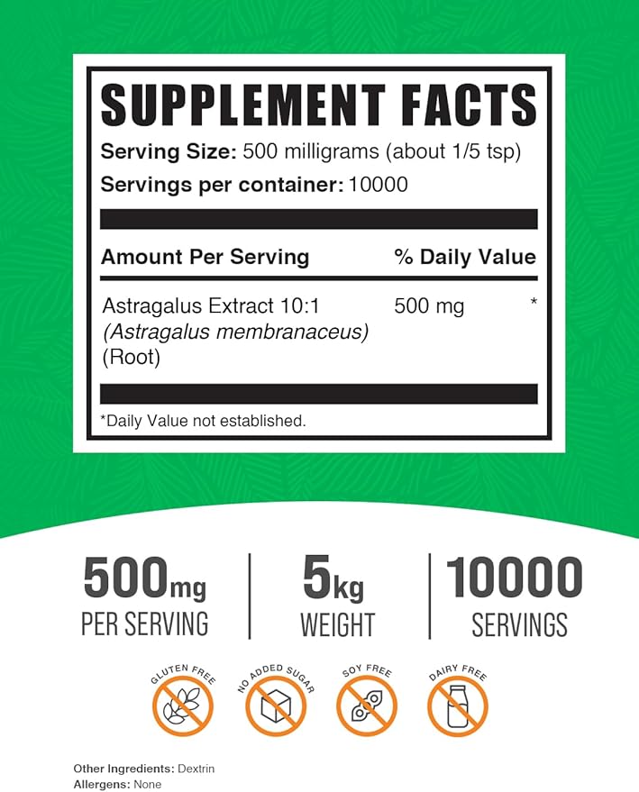 BulkSupplements.com Astragalus Extract Powder - from Astragalus Root, Astragalus Supplement - Vegan & Gluten Free, Astragalus Powder - 500mg per Serving, 5kg (11 lbs) (Pack of 5)