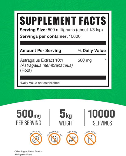 BulkSupplements.com Astragalus Extract Powder - from Astragalus Root, Astragalus Supplement - Vegan & Gluten Free, Astragalus Powder - 500mg per Serving, 5kg (11 lbs) (Pack of 5)