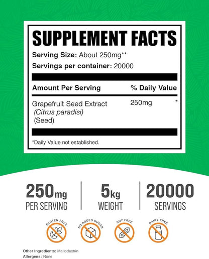 BulkSupplements.com Grapefruit Seed Extract Powder - Grapefruit Seed Supplements, Antioxidant Source - Herbal Supplement, Gluten Free, 250mg per Serving, 5kg (11 lbs) (Pack of 5)