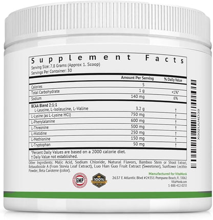 VitaMonk Clean EAA - EAAs with No Artificial Sweeteners for Pre-Workout, Energy and Recovery - Max Bioavailable EAA Powder with 9 Essential Amino Acids - Natural Lemonade Flavor