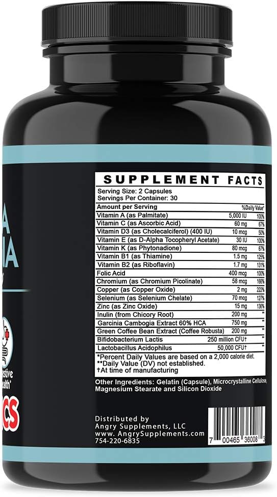 Angry Supplements Garcinia Cambogia with Probiotics, Gut Health Multivitamin w. Vitamins A, C, D, E, K, B2, Zinc, Selenium, Copper, Chromium + Herbal Blend Capsules (1-Bottle, 60ct)