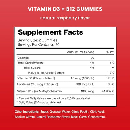 NutraChamps Vitamin D3 & B12, Methyl B12 Gummies for Adults & Kids, Enhanced with Vitamin D 3 & B9 Vitamin Folate, Natural Energy, Mood, Metabolism & Focus, Raspberry, 120 Gummies (Pack of 2)