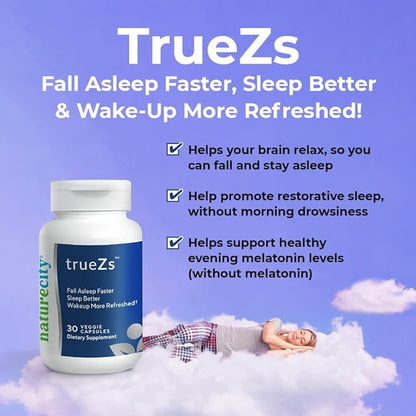 NatureCity TrueZs Melatonin-Free Natural Sleep Aids for Adults - Ashwagandha, L-Theanine, and Saffron Powder Sleep Pills to Support Falling and Staying Asleep (30 Veggie Capsules)