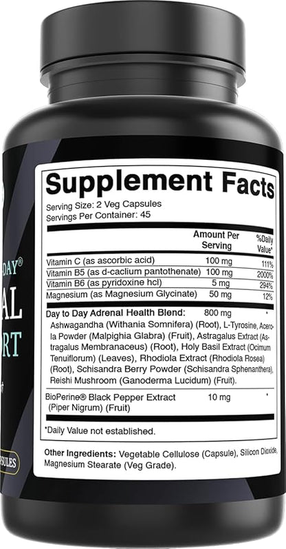 Best Naturals Day-to-Day Adrenal Support Supplements - 90 Veg Capsules - Made with Ashwagandha, L-Tyrosine, Magnesium, Rhodiola & Holy Basil & Bioperine