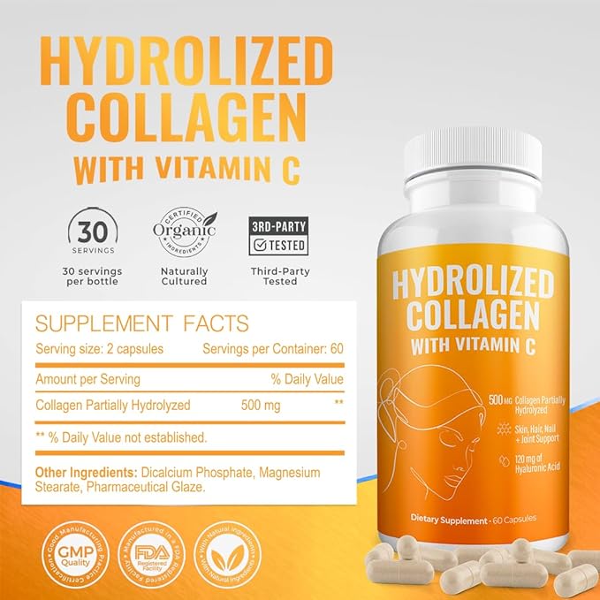 Aura Vitamin Hydrolyzed Collagen with Vitamin C Capsules 500mg Great Energy | Skin, Hair and Nail Support | Hyaluronic Acid Pills - 60ct (2)