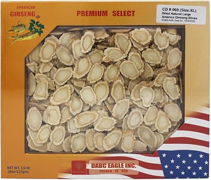 DOL American Ginseng Slices from Wisconsin (Sliced Ginseng Root Wisconsin Grown!Most People Use It to Make Ginseng Tea! Good for Health! 多年生長 大切片 花旗參/西洋參-in Box (Large 8oz/Box-C)