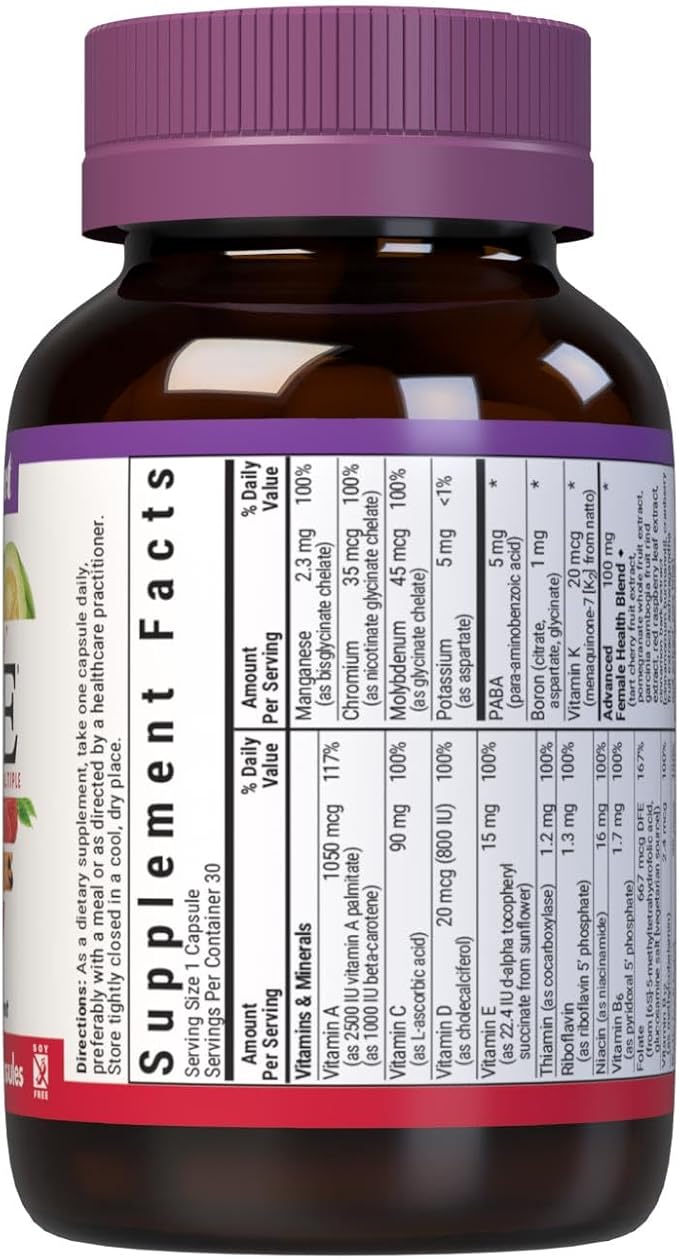 Bluebonnet Nutrition Ladies One Organic Vegetable Capsule, Whole Food Multiple, K2, Energy, Vitality, Non-GMO, Gluten, Soy & Milk Free, Kosher, 1 Month Supply, Light Grey, 30 Count