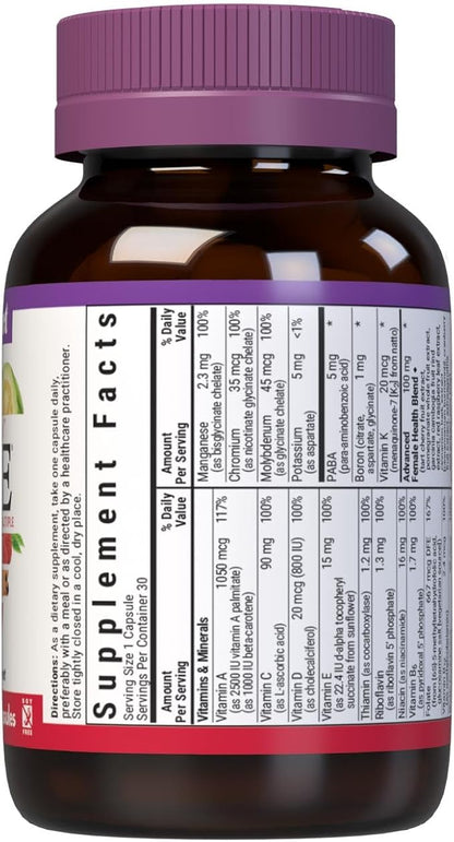 Bluebonnet Nutrition Ladies One Organic Vegetable Capsule, Whole Food Multiple, K2, Energy, Vitality, Non-GMO, Gluten, Soy & Milk Free, Kosher, 1 Month Supply, Light Grey, 30 Count