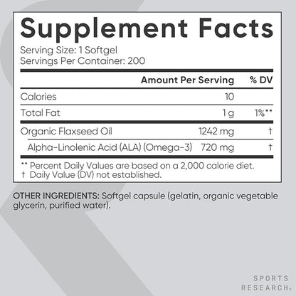 Sports Research Flaxseed Oil Softgels 1242mg - Plant Based Omega 3 Supplement for Women & Men - Non-GMO Verified, Soy & Gluten Free (200 Count)