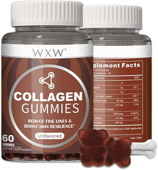 WXW Collagen Gummies - Unflavored - Type 1 & 3 Collagen Peptides for Women with Biotin, Vitamin C, E for Hair Skin and Nails & Joint Support - 60 Count