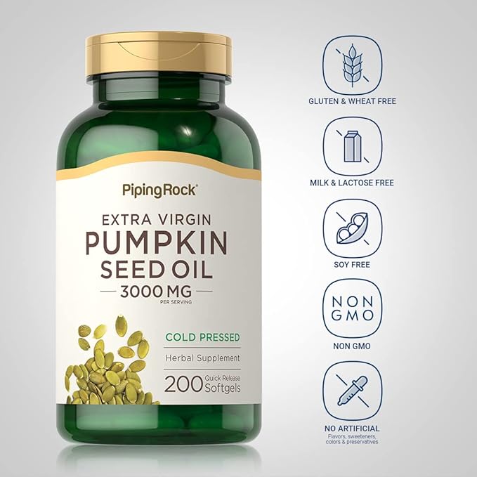Piping Rock Pumpkin Seed Oil Softgel Capsules | 3000mg | 200 Count | Cold Pressed Herbal Supplement | Extra Virgin | Non-GMO, Gluten Free
