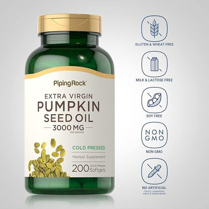 Piping Rock Pumpkin Seed Oil Softgel Capsules | 3000mg | 200 Count | Cold Pressed Herbal Supplement | Extra Virgin | Non-GMO, Gluten Free