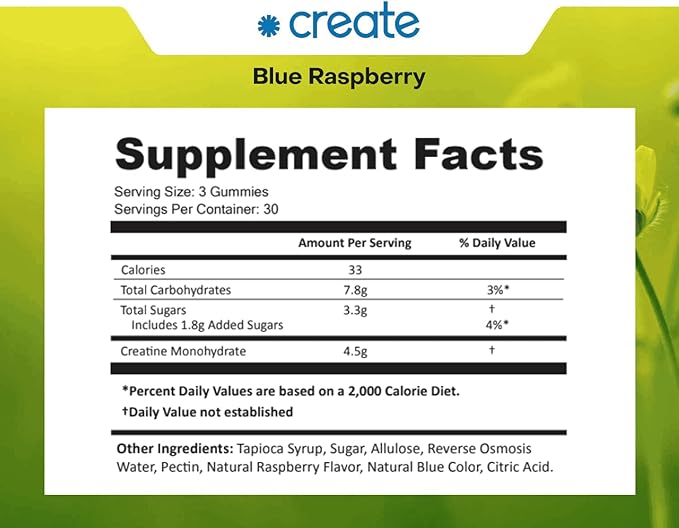 Create Creatine Monohydrate Gummies for Men & Women, Boost Focus, Strength, and Endurance, Anti-Melting Formula, Vegan, Gluten-Free, Non-GMO, 1.5g of Creatine per Gummy (Blue Raspberry, 90 ct)