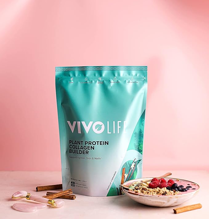 Vivo life - Plant Protein Collagen Builder with Vitamin C, Amino Acids and Hyaluronic Acid, Support Healthy Hair, Skin & Nails, Vegan (Vanilla & Cinnamon)