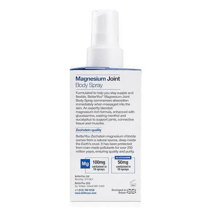 BetterYou Magnesium Joint Body Spray - Muscle Relief Spray - Topical Magnesium Chloride and Glucosamine - Cooling Menthol and Eucalyptus - 3.38 oz