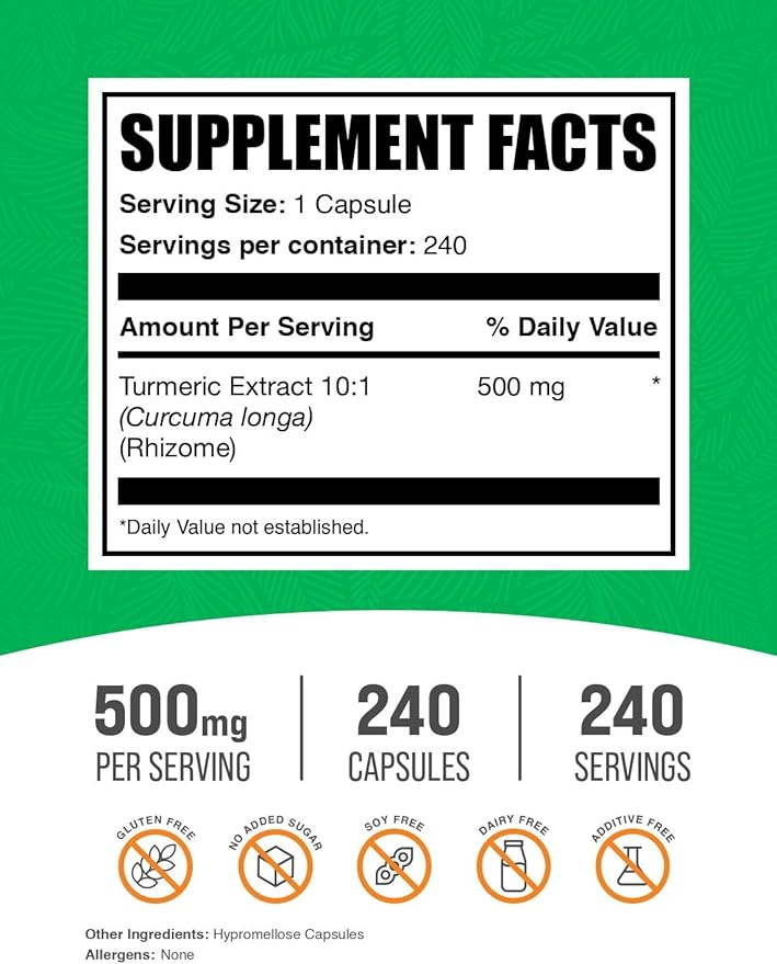 BulkSupplements.com Turmeric 500mg Extract Capsules - Curcumin Supplements, Turmeric Curcumin Capsules - Gluten Free, 1 Capsule per Serving, 240 Veg Capsules (Pack of 1)