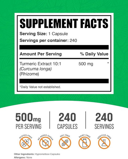 BulkSupplements.com Turmeric 500mg Extract Capsules - Curcumin Supplements, Turmeric Curcumin Capsules - Gluten Free, 1 Capsule per Serving, 240 Veg Capsules (Pack of 1)