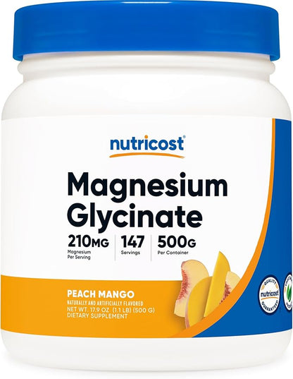 Nutricost Magnesium Glycinate Powder (Peach Mango, 500 Grams) - Chelated Magnesium (30%) Glycinate