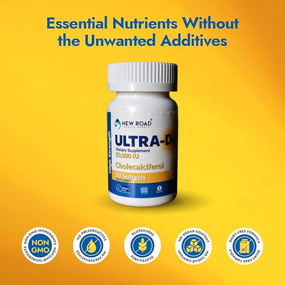New Road Health Supply - Vitamin D 50000 IU, Once Weekly Dose, Easy to Swallow Vitamin D Softgel for Bones, Teeth, and Immune Support, Gluten Free, 50 Count
