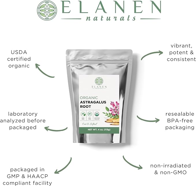 Organic Astragalus Root 4 oz. (113g), USDA Certified Organic Astragalus Membranaceus Dried Root Tea, Huang Qi, Cut & Sifted