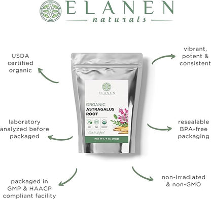 Organic Astragalus Root 4 oz. (113g), USDA Certified Organic Astragalus Membranaceus Dried Root Tea, Huang Qi, Cut & Sifted