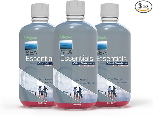 Wellgenix Sea Essentials Vital Nutrients - Coral Calcium Liquid Multivtamin - Adults & Kids Daily Supplement - Nutritional Sea Vegetation Mineral Drink - Sea Berry Flavor 32oz (3)