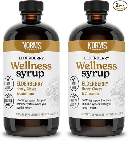 Norm's Farms Black Elderberry Wellness Syrup + Honey, Cinnamon, & Cloves - Natural Immune Support - Kosher, Gluten Free, Non-GMO - 2PK 8 Oz. Bottles