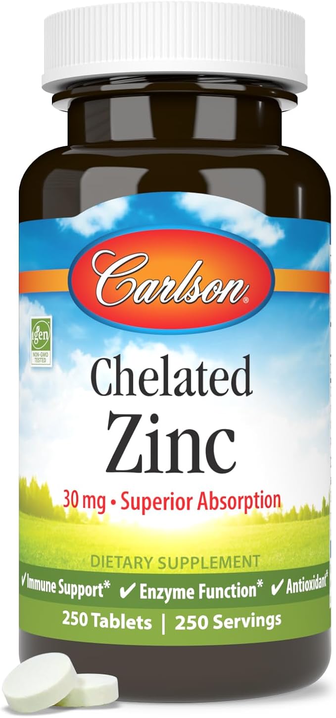Carlson - Chelated Zinc, 30 mg, Chelated Zinc Supplement, Zinc Glycinate Chelate, Superior Absorption, Immune Support & Enzyme Function, Zinc Tablets, Antioxidant, 250 Tablets