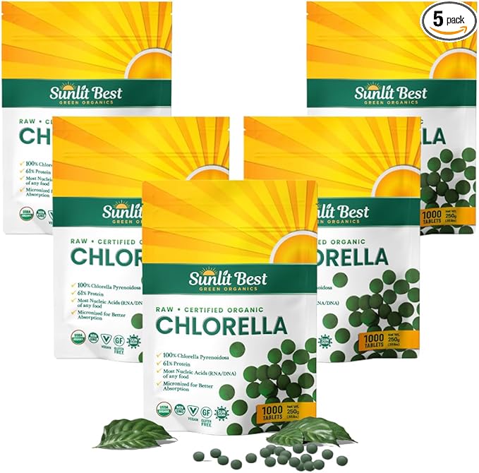 Chlorella Tablets Mega-Pack 1000 Tablets Cracked Cell, Raw, Non-GMO. 100% Pure Chlorella Pyrensoidosa. Green Superfood. High Protein, Chlorophyll & Nucleic acids. No preservatives or fillers - 5-Pack