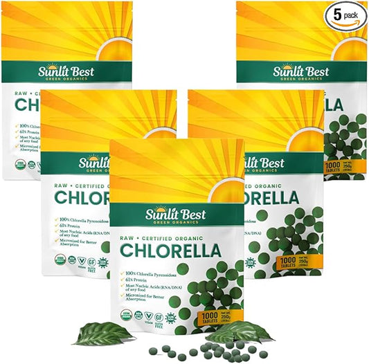 Chlorella Tablets Mega-Pack 1000 Tablets Cracked Cell, Raw, Non-GMO. 100% Pure Chlorella Pyrensoidosa. Green Superfood. High Protein, Chlorophyll & Nucleic acids. No preservatives or fillers - 5-Pack