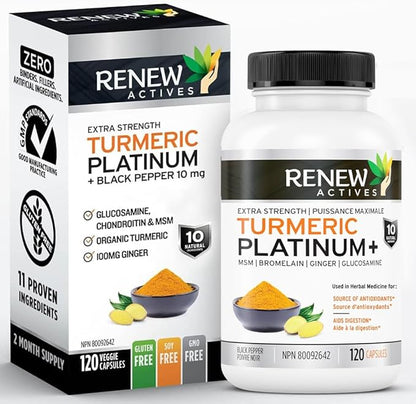 Renew Actives Turmeric Platinum 1350MG per 3 Capsules with Black Pepper & Ginger – Antioxidant, Liver & Digestive Support – Reduces Inflammation & Boosts Immunity – Made in Canada – 120 Capsules