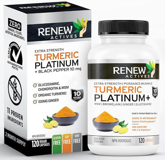 Renew Actives Turmeric Platinum 1350MG per 3 Capsules with Black Pepper & Ginger – Antioxidant, Liver & Digestive Support – Reduces Inflammation & Boosts Immunity – Made in Canada – 120 Capsules
