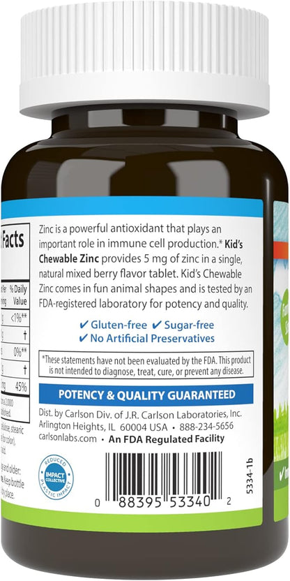 Carlson - Kid's Chewable Zinc, 5 mg, Health Support, Natural Mixed Berry Flavor, 160 Tablets