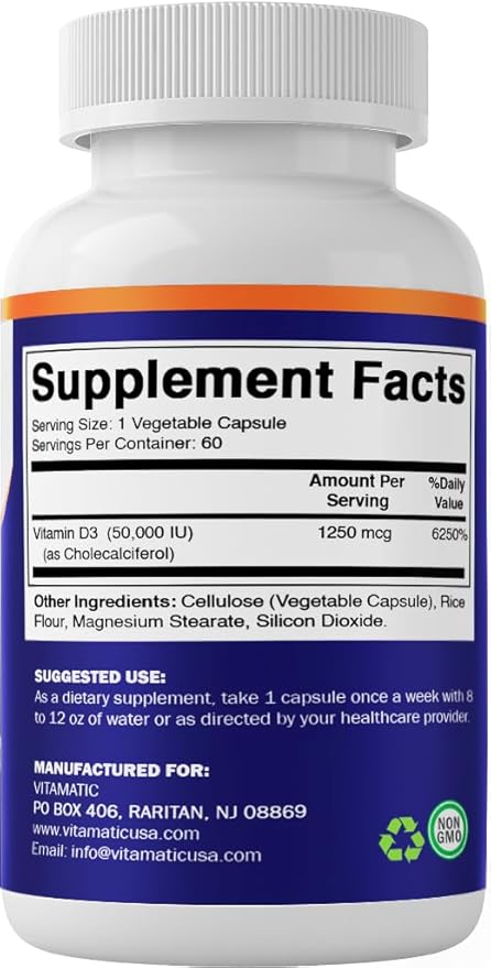 Vitamatic Vitamin D3 50,000 IU (as Cholecalciferol), Once Weekly Dose, 1250 mcg, 60 Veggie Capsules 1 Year Supply, Progressive Formula Helping Vitamin D Deficiencies (60 Count (Pack of 1))