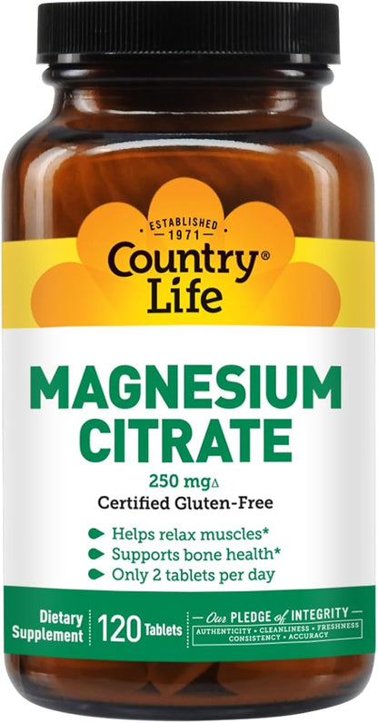 Country Life Magnesium Citrate 250mg - 120 Tablets - Supports Muscle & Nerve Function, Heart Rhythm, Healthy Immune System, Energy Production - Magnesium Complex Supplement
