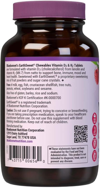 Bluebonnet Nutrition Vitamin D3 & K2 EarthSweet Chewable Tablets, for Immune, Mood & Heart Health*, Soy-Free, Gluten-Free, Non-GMO, Kosher Dairy, 60 Raspberry Flavor Chewable Tablets, 60 Servings