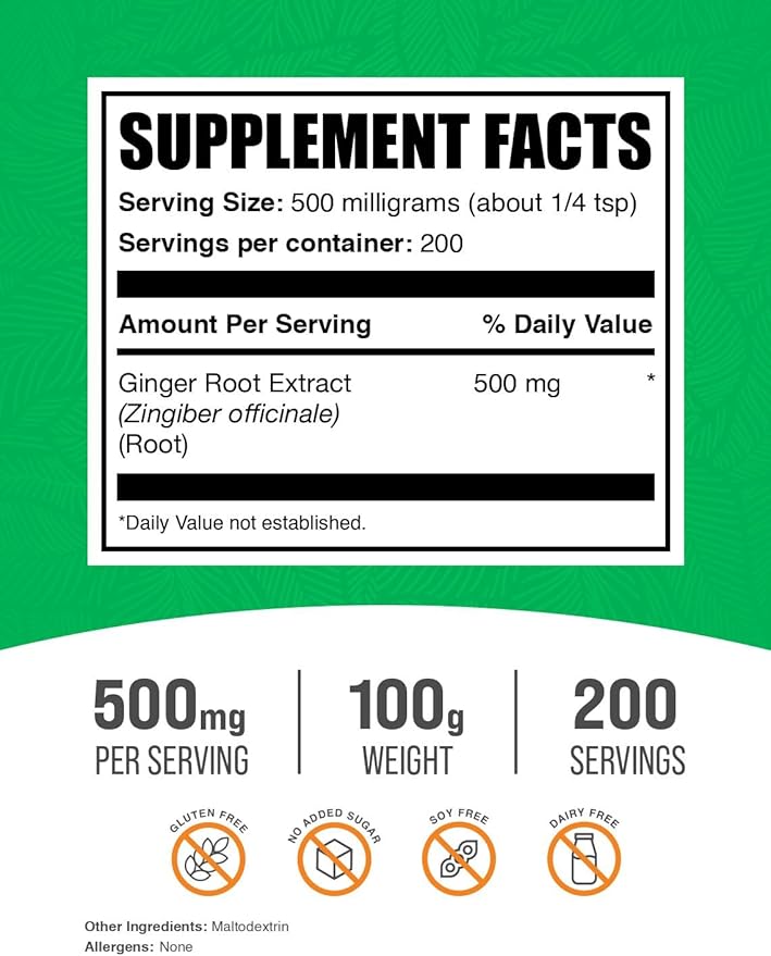 BulkSupplements.com Ginger Root Extract Powder - Ginger Supplement, Ginger Root Powder - Herbal Supplement, Gluten Free, 500mg per Serving, 100g (3.5 oz) (Pack of 1)