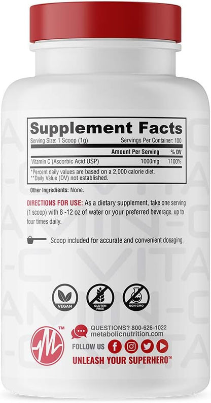 Metabolic Nutrition Vitamin C, 1000mg, Pure Pharma Grade, High Absorption Ascorbic Acid (100 g)