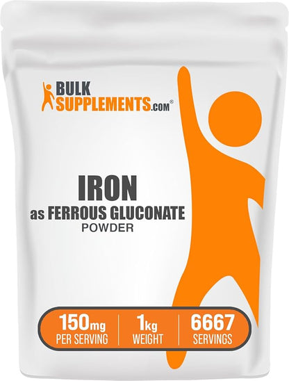 BulkSupplements.com Ferrous Gluconate Powder - Essential Mineral for Energy, Iron 18mg - Iron Supplements, Gluten Free, 150mg per Serving, 1kg (2.2 lbs) (Pack of 1)