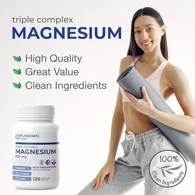 Puregen Labs Triple Magnesium Complex 300mg of Magnesium Glycinate, Malate, & Citrate [High Absorption] Total 240 Veg Capsules | No Harmful Additives | Non-GMO, NO Gluten and Dairy | Made in USA