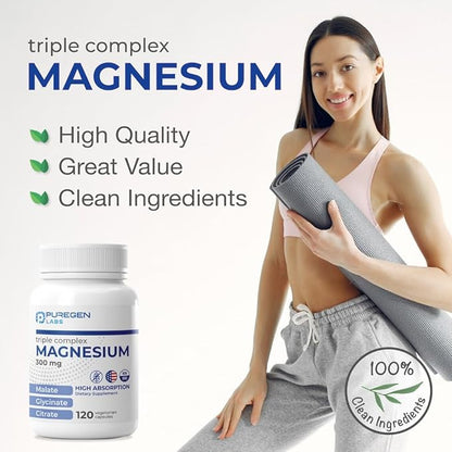 Puregen Labs Triple Magnesium Complex 300mg of Magnesium Glycinate, Malate, & Citrate [High Absorption] Total 240 Veg Capsules | No Harmful Additives | Non-GMO, NO Gluten and Dairy | Made in USA